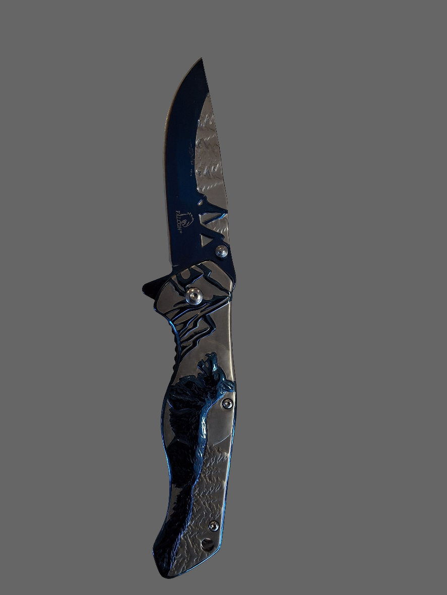 Blue Wolf on Grey Handle Pocket Knife