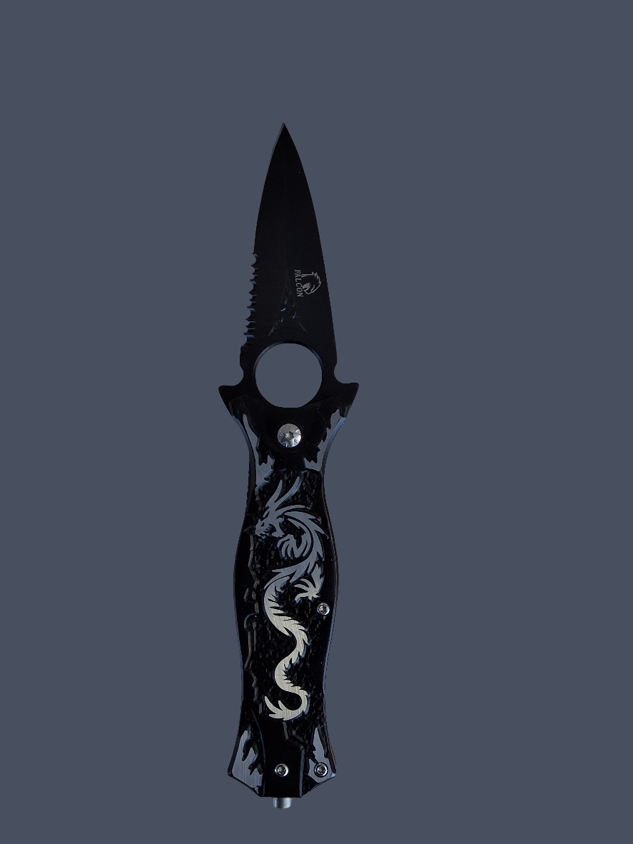 Silver Dragon on Blk Handle Knife