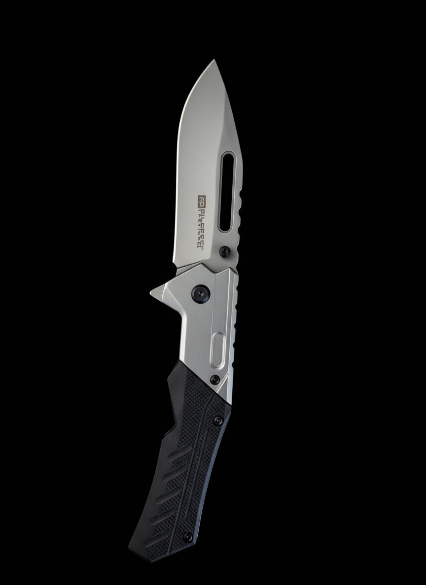 Blk & Silver Handle Spring Knife