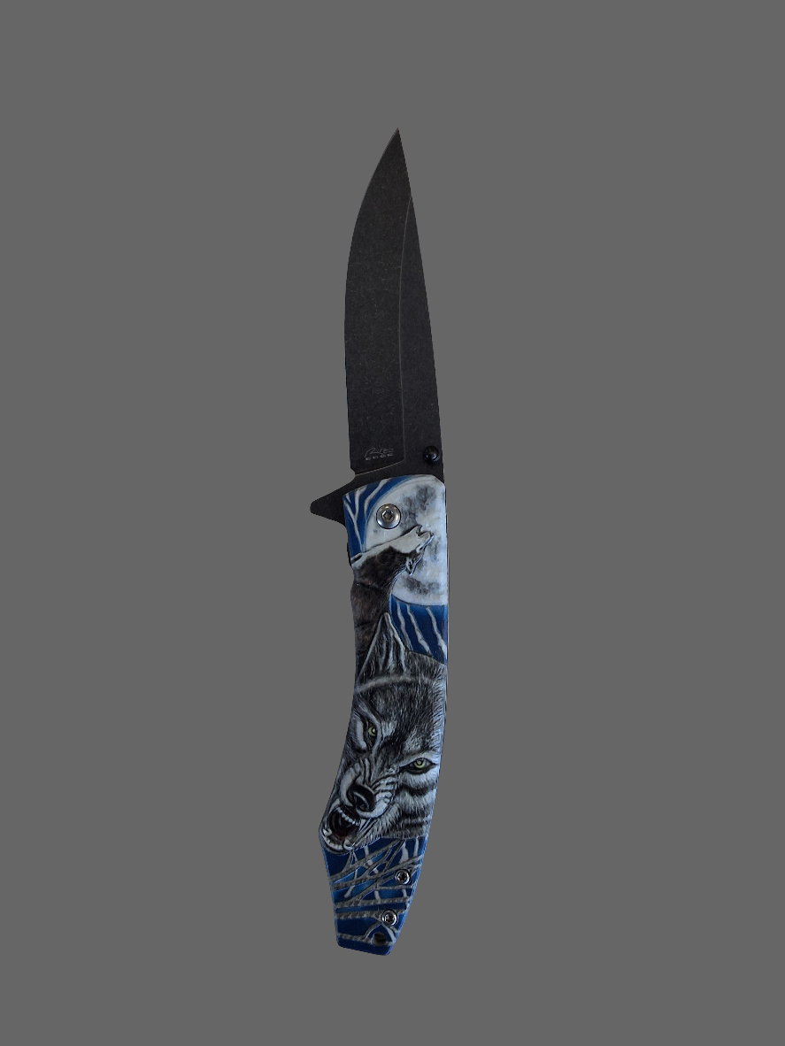 Blue Grey Wolf W Moon Knife