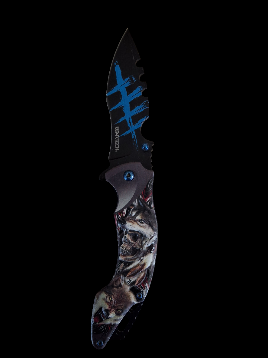 Skull & Wolf Blue Folding Knife
