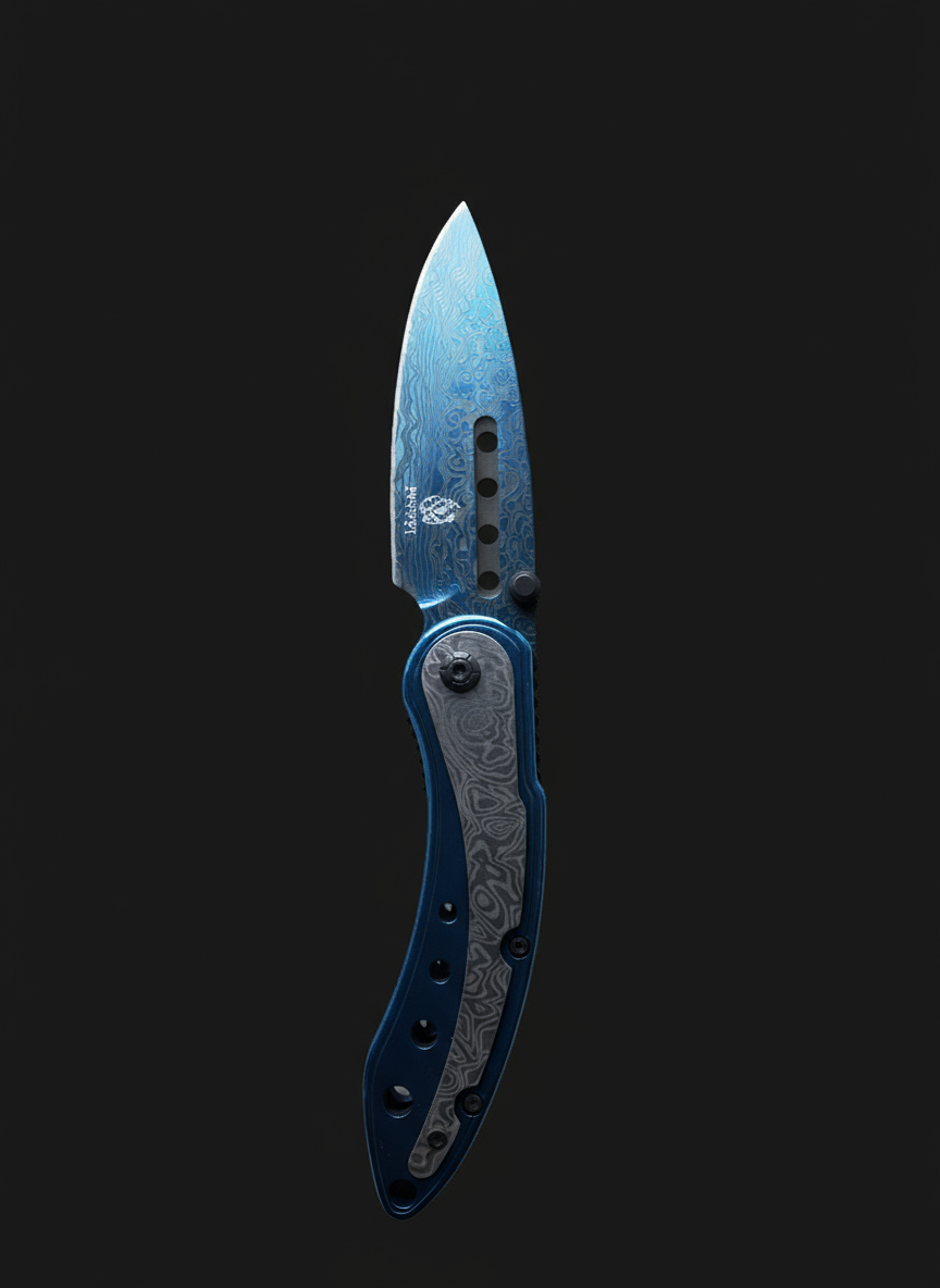 Curved Blue Faux Damascus Knife