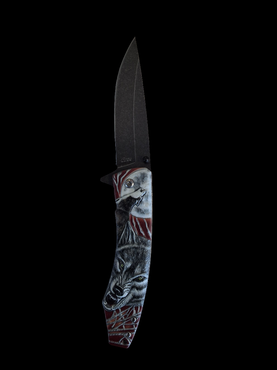 Grey Wolf on Red W Moon Knife
