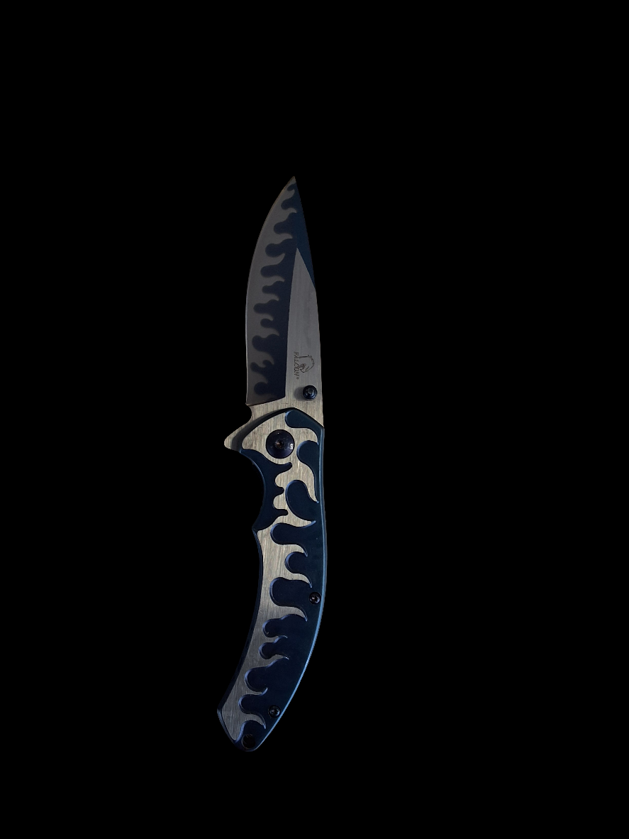 Silver Flame on Blue Handle Knife