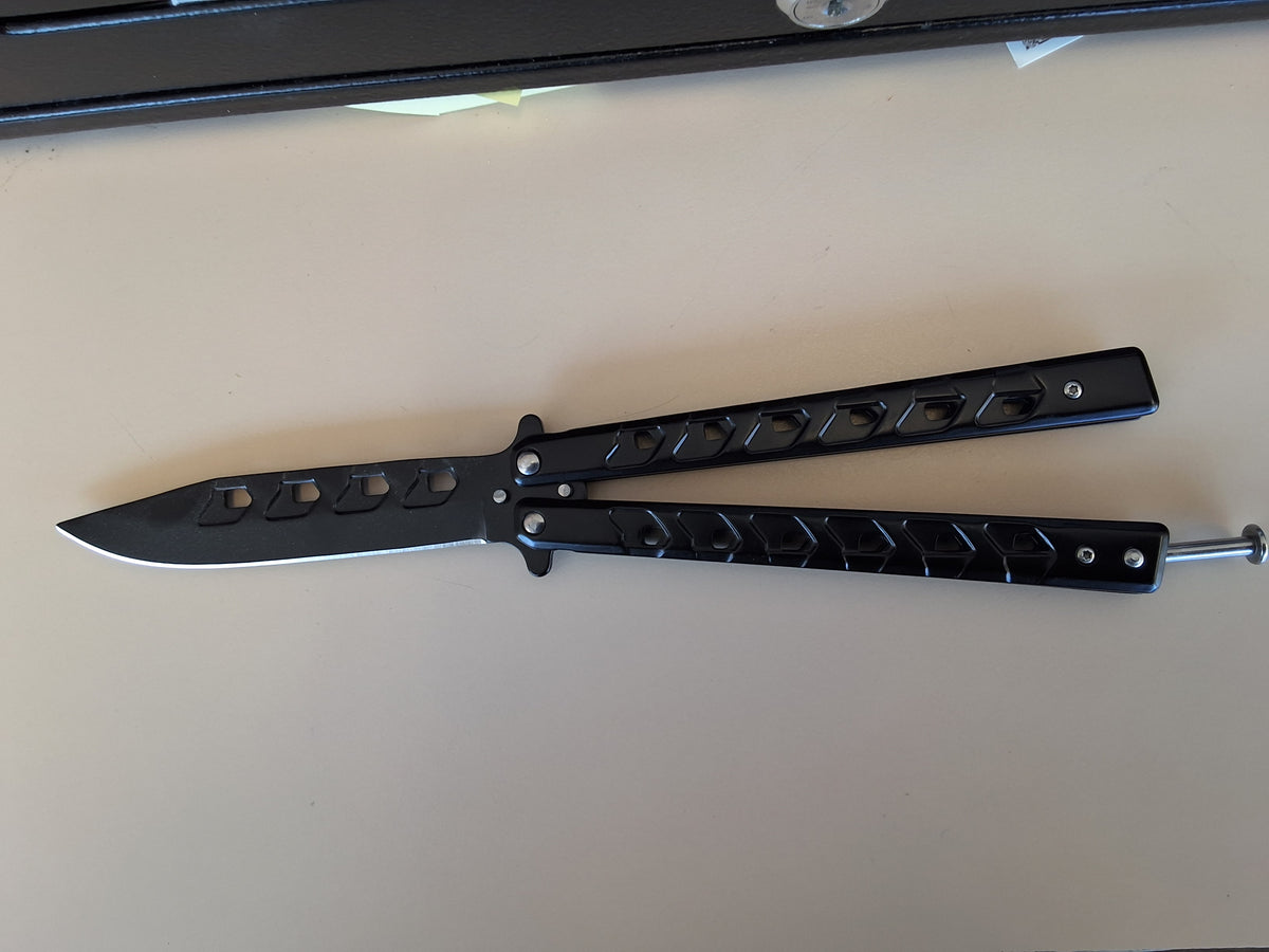 Black Square Patterned Handle Butterfly Knife