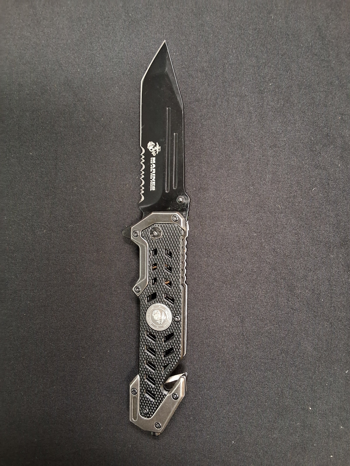 Silver and Black Marines pocket knife Serrated