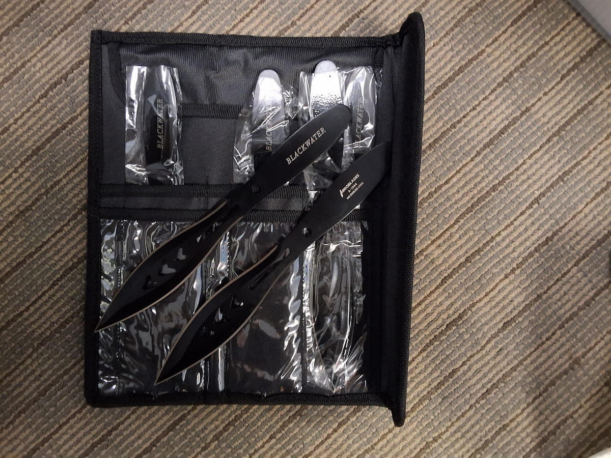 6 Piece Black Set of Throwing Knives With Slits Down the Side #3005