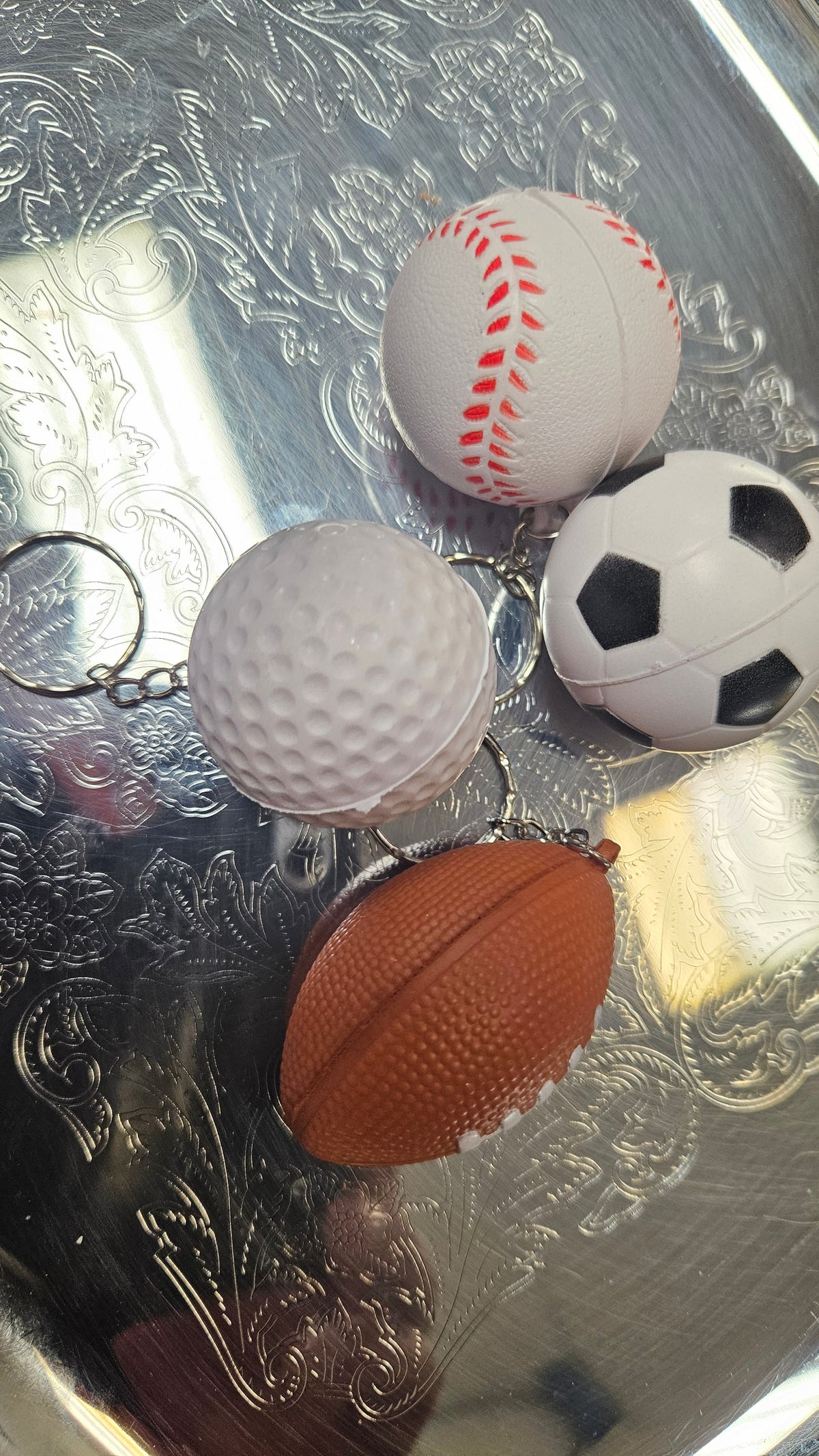 Shoe Keychain with M & football and baseball sports keychains