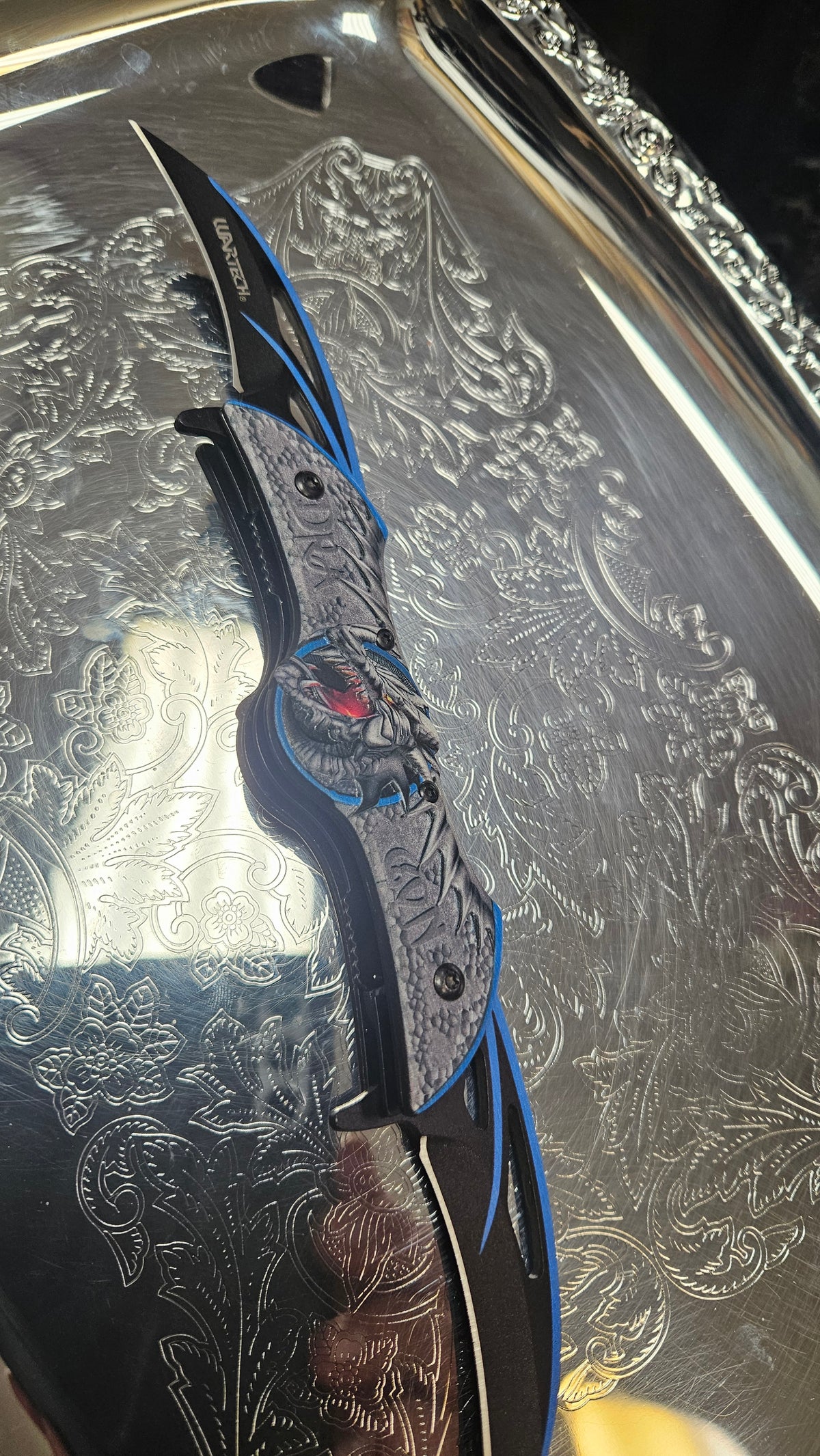 Blue Trim Dragon Face Double Spring Assisted Folding Knife