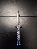 Blue and silver push button knife