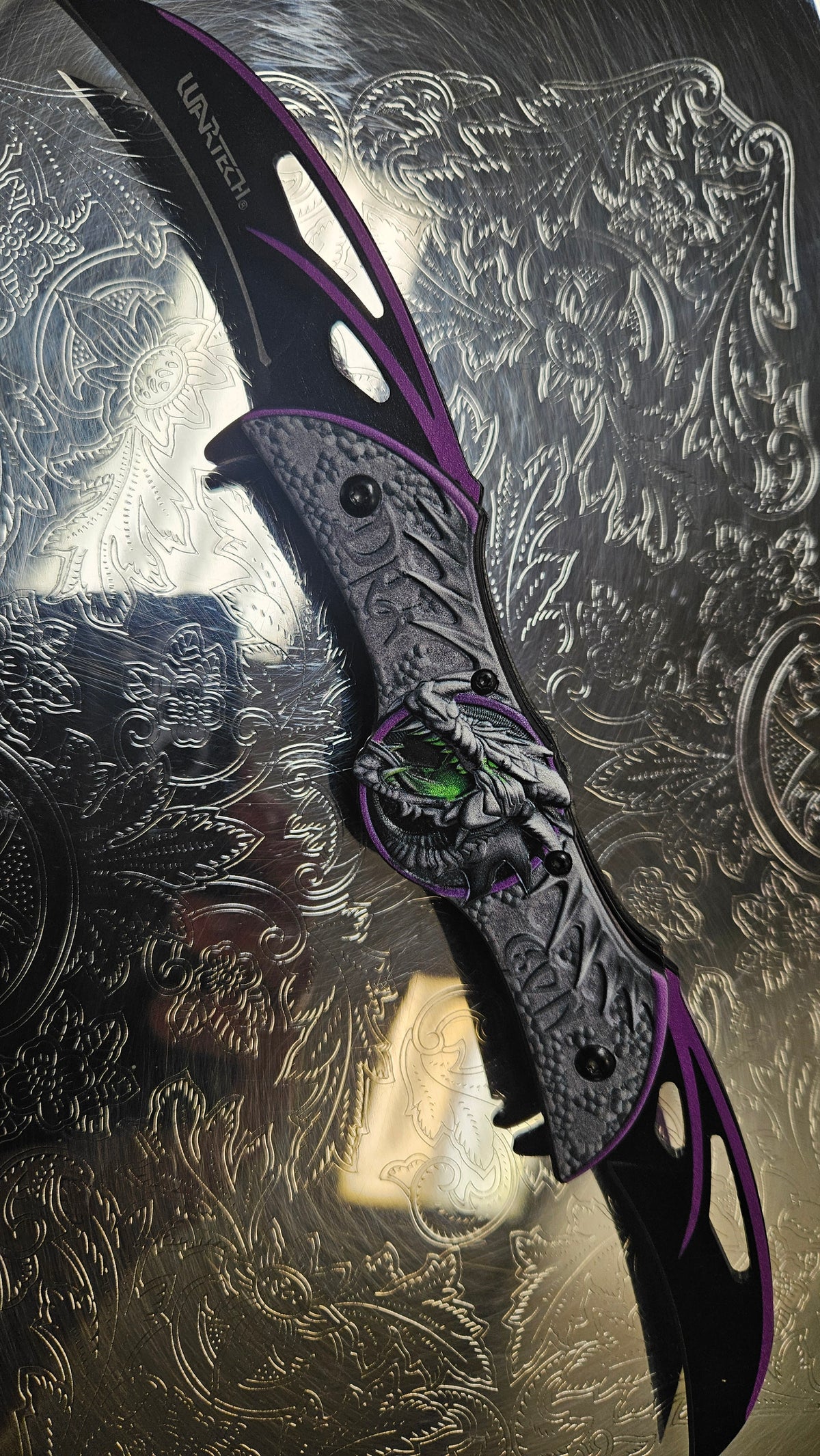 Purple Trim Dragon Face Double Spring Assisted Folding Knife