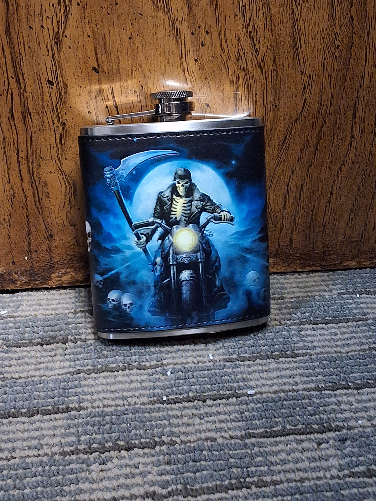 Skeleton on Bike with Scythe Stainless Steel Flask #1682