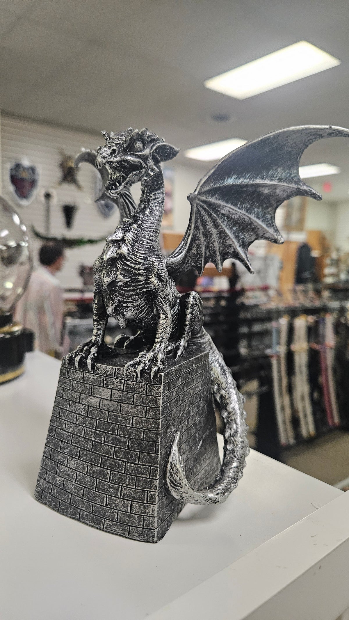 Grey Open wing Dragon on Brick Pedestal