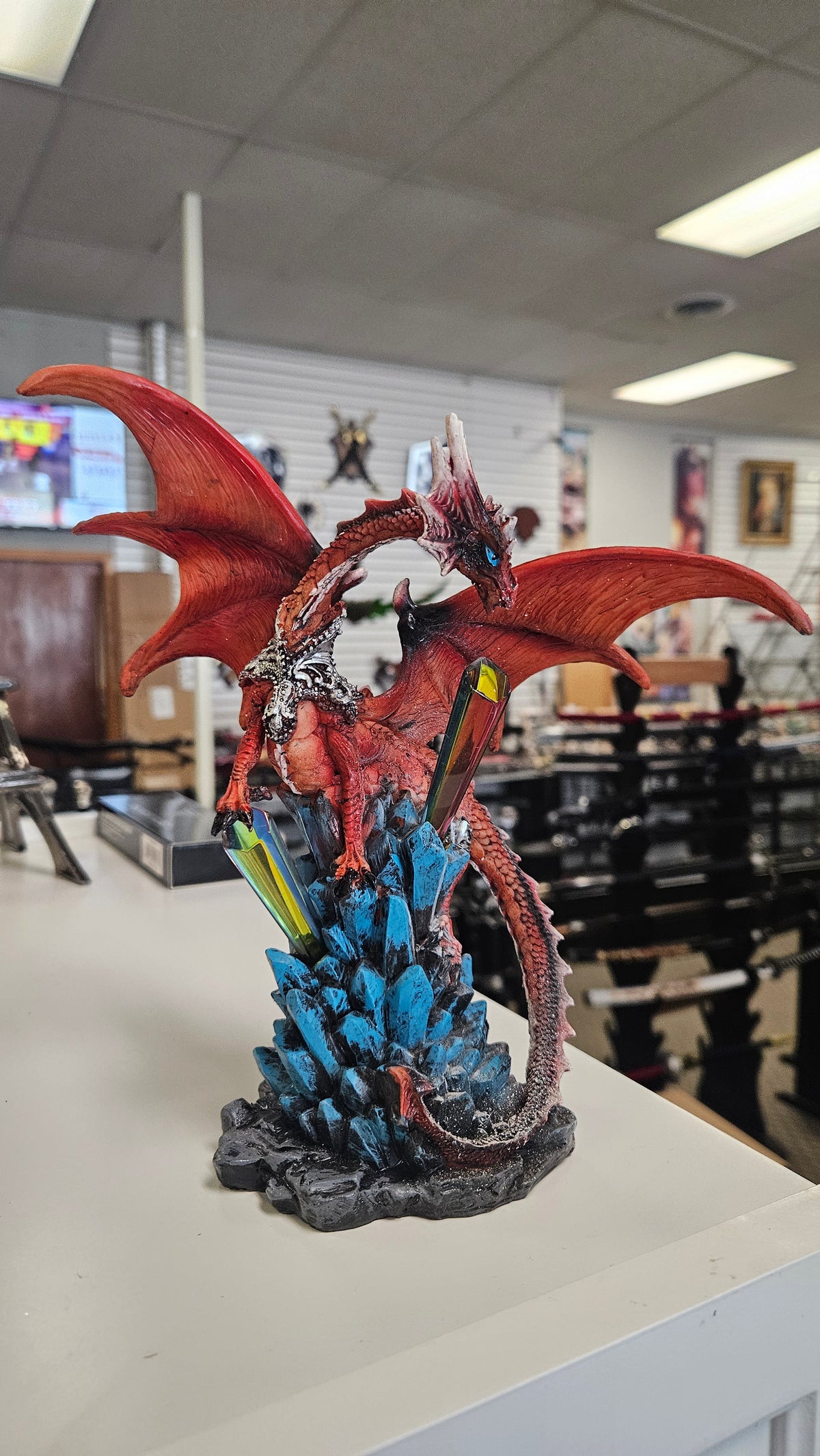 Red dragon over crystals