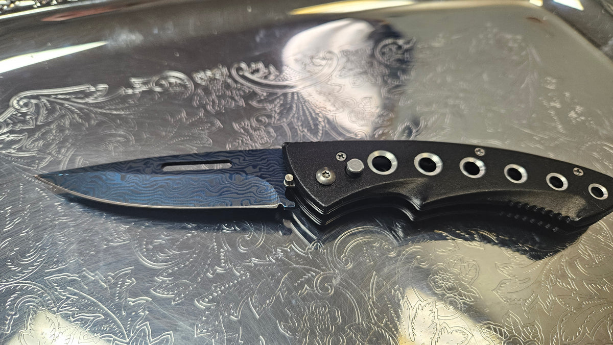 Blue Titanium Finish Faux Damascus Push Button Folding Knife