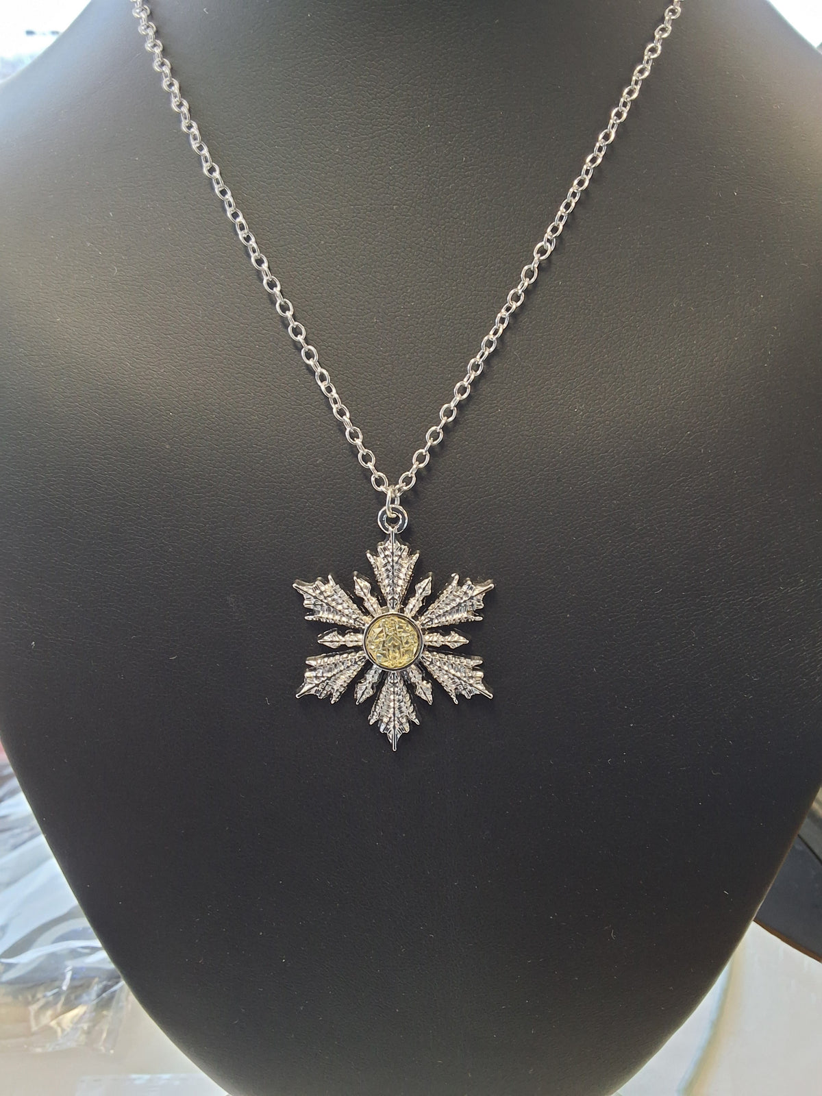 Silver Snowflake Necklace with Yellow Stone #1641