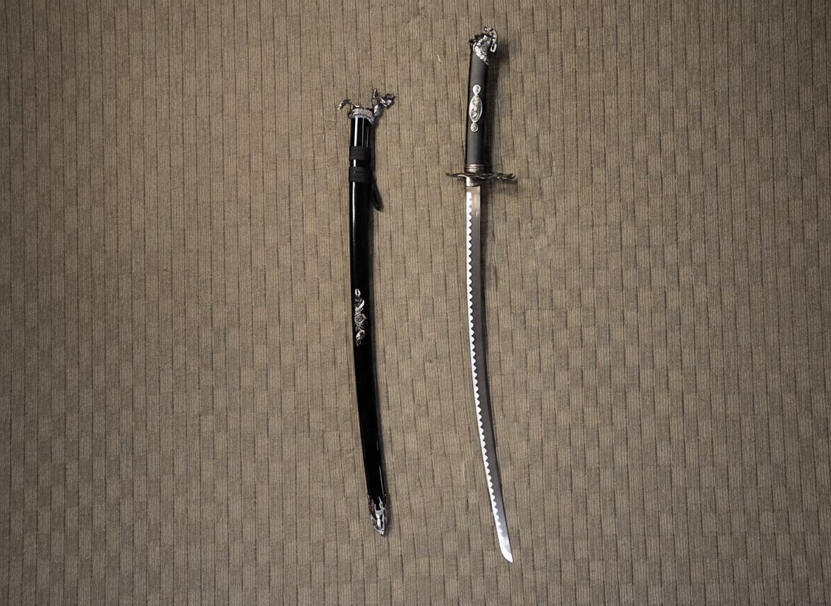 Black Katana with ornate Dragon flame Tsuba #1473