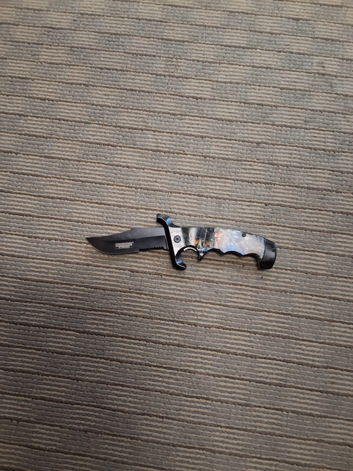 Black blade folding knife with native American handle art #8537