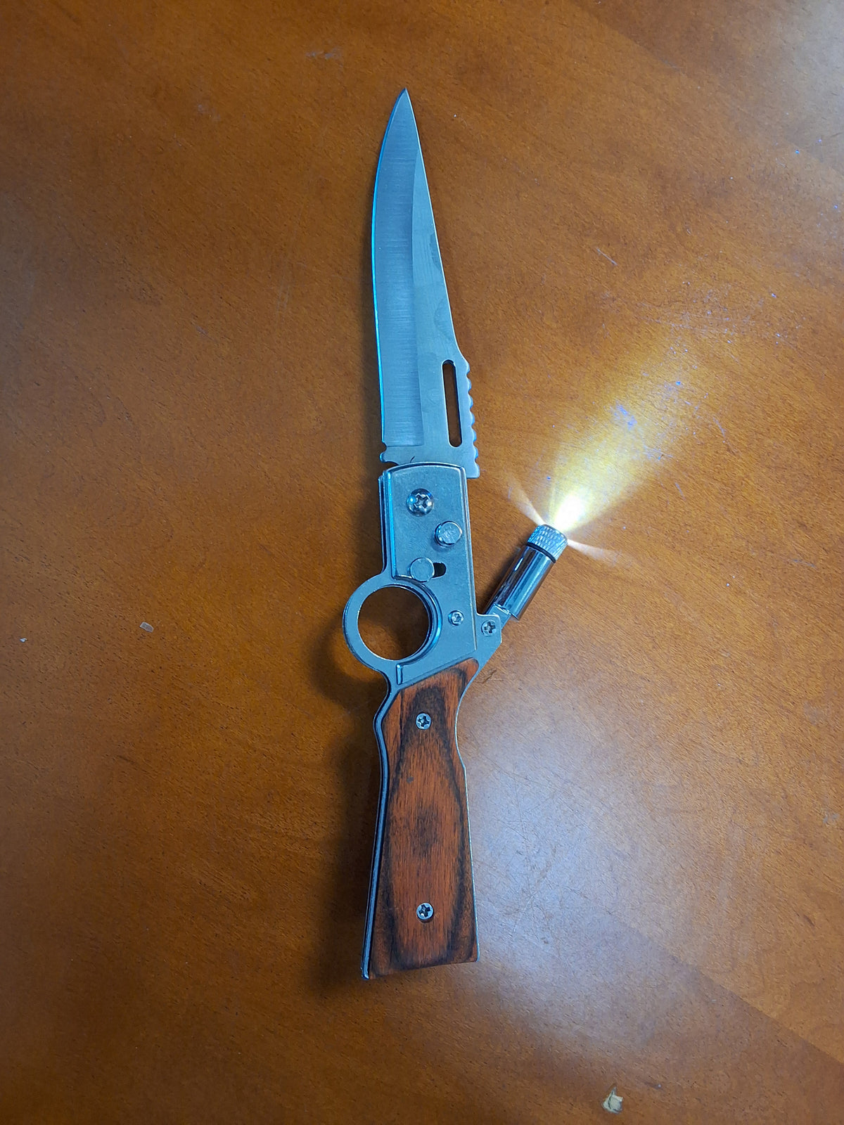 Gun design Wooden Handle Knife w/ Flashlight #3056