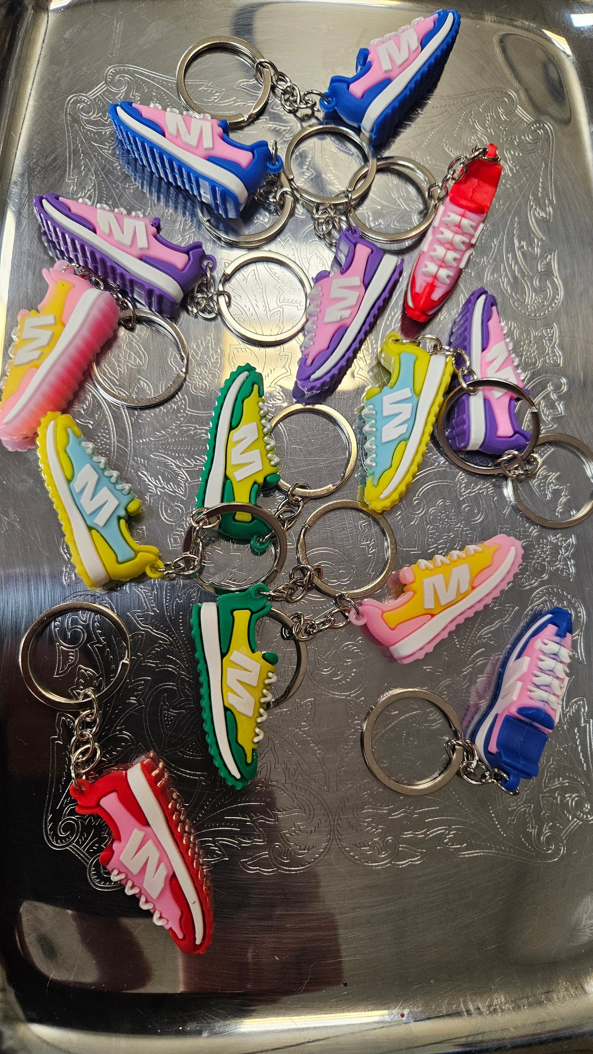 Shoe Keychain with M & football and baseball sports keychains