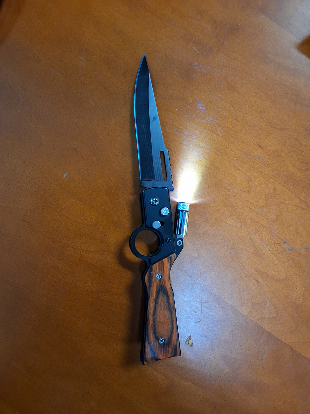 Gun design Wooden Handle Knife w/ Flashlight #3056