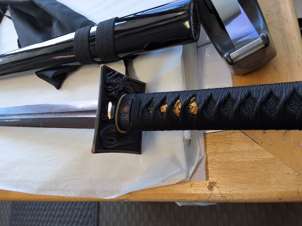 Double Edge Damascus with Dragon  Tsuba