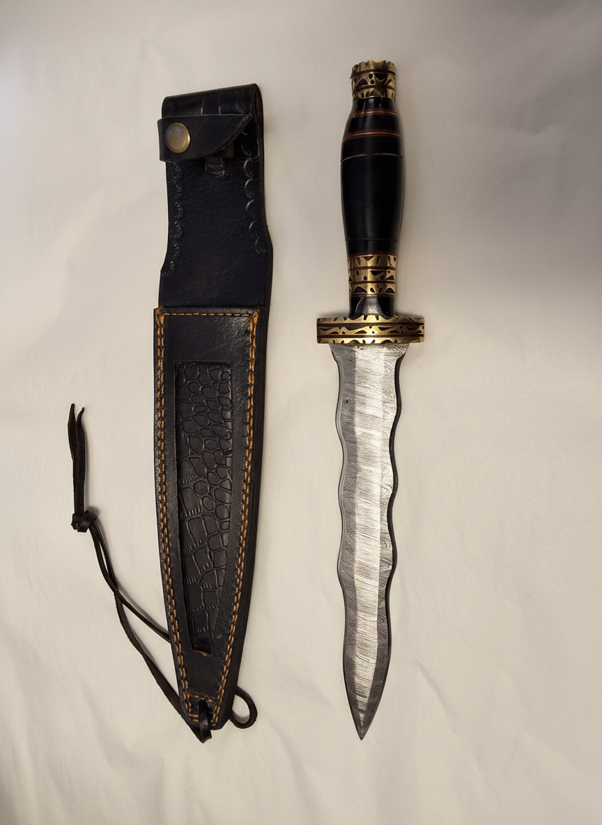 Damascus Kris blade, black and brass handle