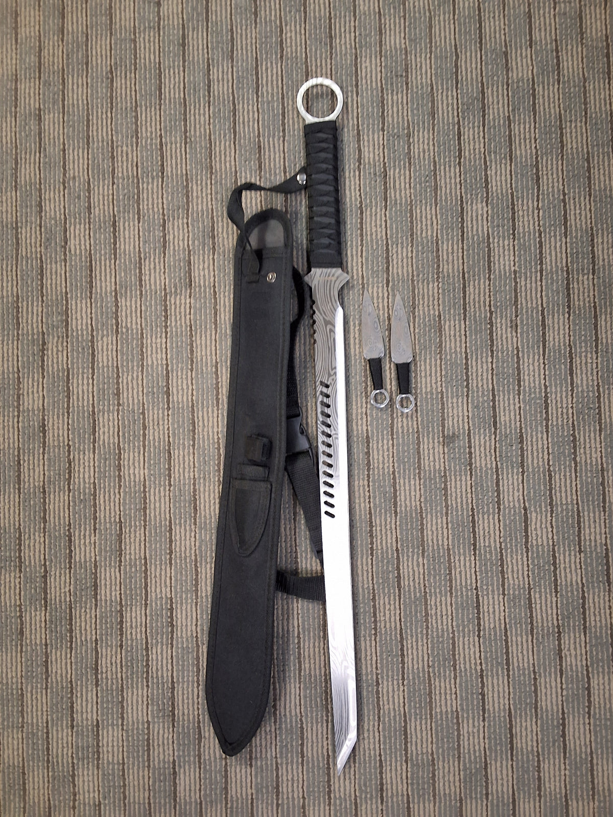 Damascus Short Sowrd With Ring Pommel and 2 Throwers #3915