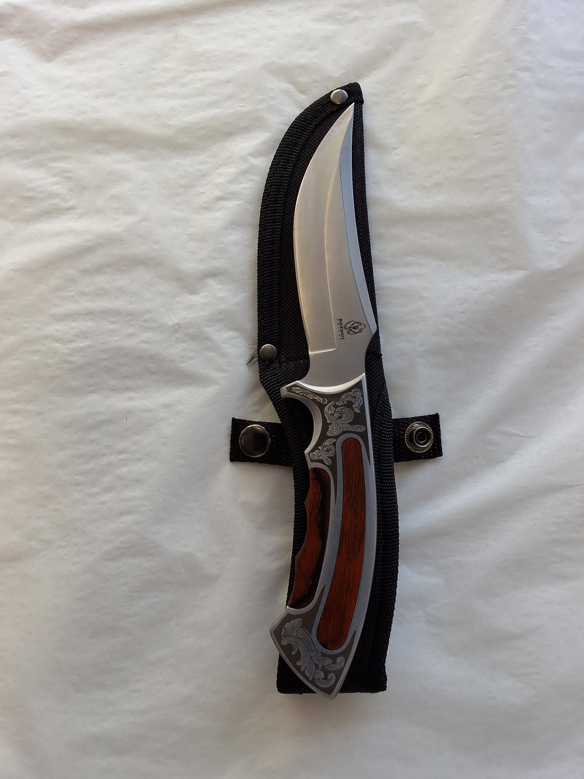 Curved knife with wood and metal handle #2040